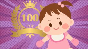 Grafika dziewczynki na tle wieńca z napisem Top 100 – ilustracja artykułu o najpopularniejszych imionach dla dziewczynek w 2024